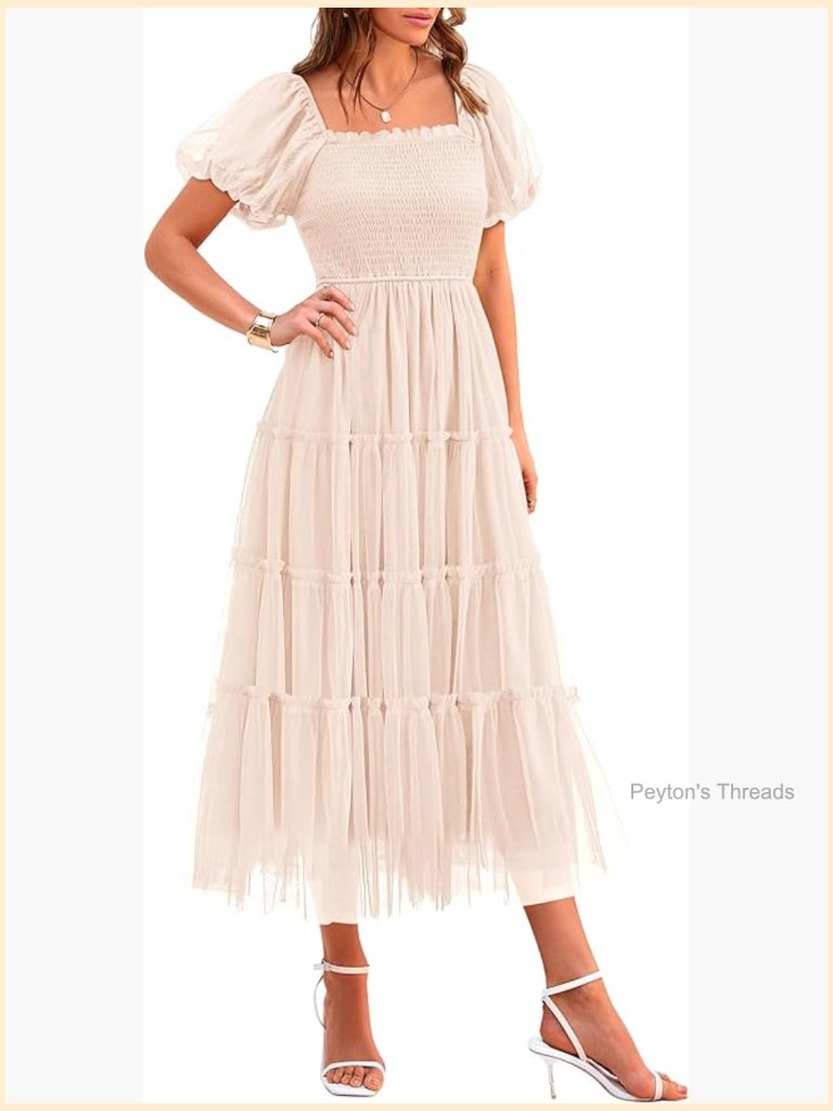 Smocked Midi Tulle Dress With Square Neck And Puffy Short Sleeves
